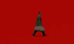 banker carrying a bag of money against a red background