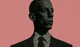 a banker against a pink background with binary code 