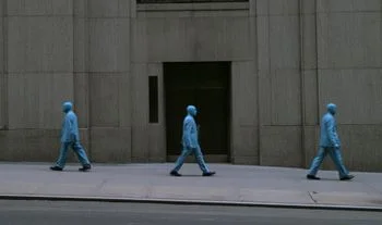 blue men outside a bank 