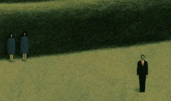 a man and some people by a hedge 