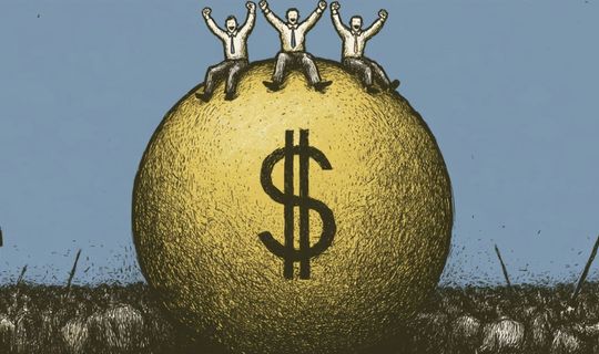 bankers sitting on a large golden ball with a dollar sign on it, surrounded 