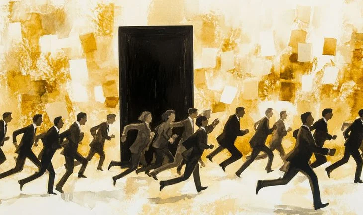 bankers running to the door 