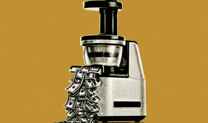 a juicer with dollars coming out 