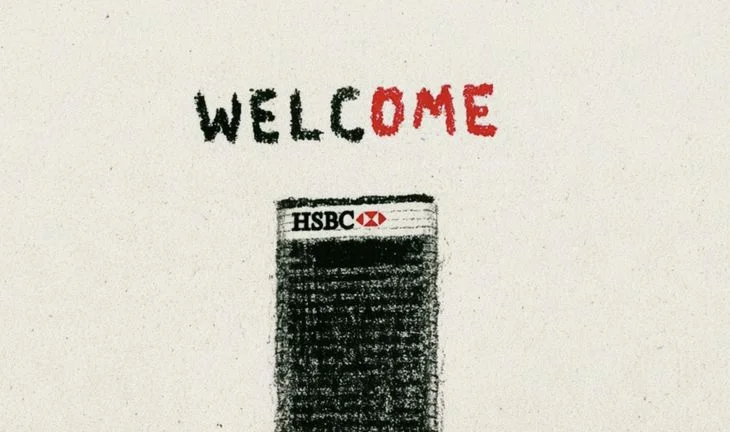 HSBC office with welcome written above it 