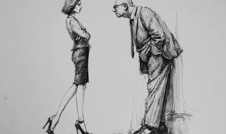 a male banker peering at a woman