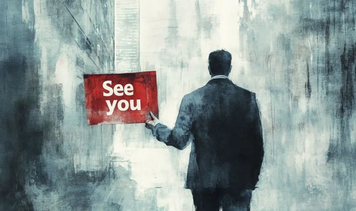 a banker walking away and holding a sign saying "see you" 