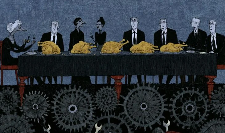 some bankers eating golden chickens