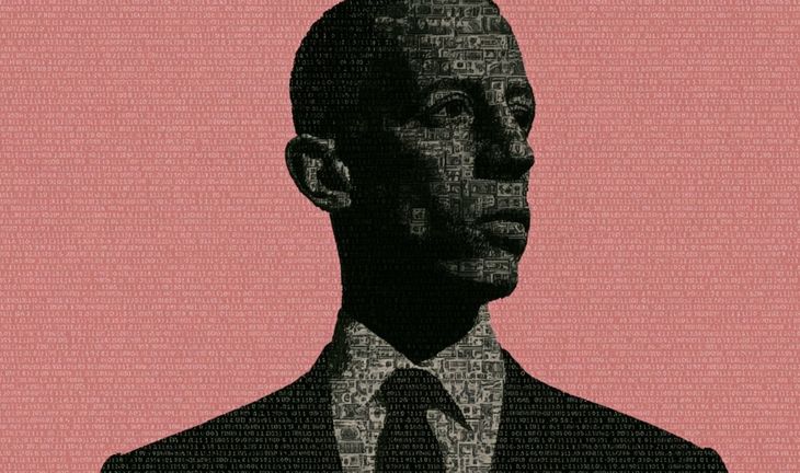 a banker against a pink background with binary code 
