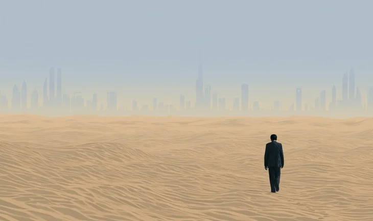a small suited figure in the Dubai desert 