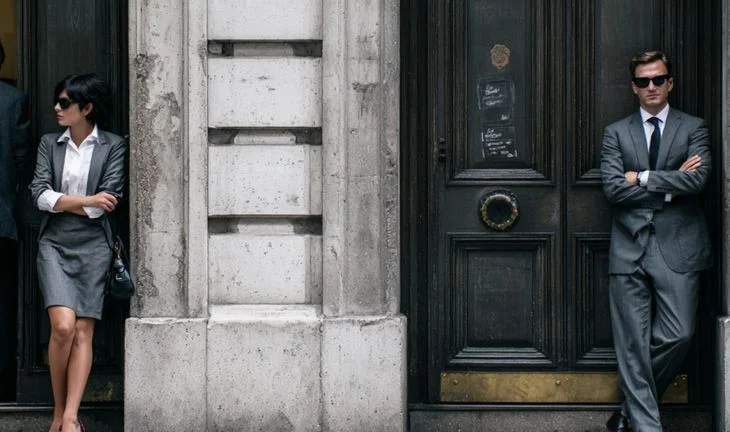 a man and a woman standing on a street in London 
