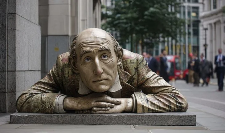 a worried banker on a plinth in London 