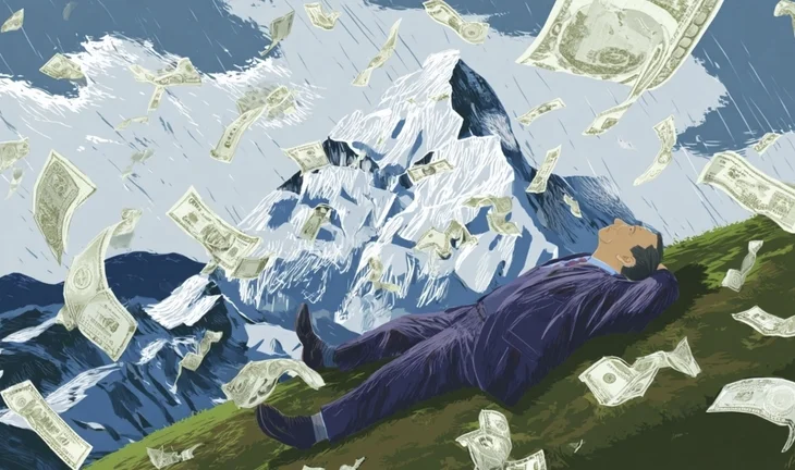 a banker lying on a mountain while dollars fall from the sky