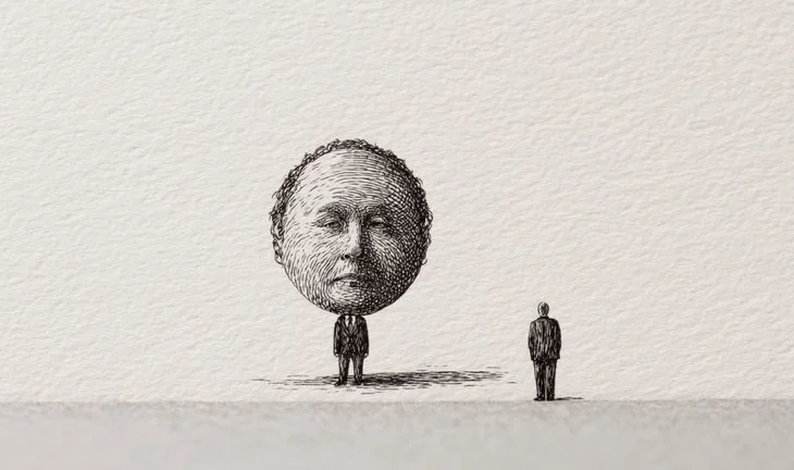 a small man with a big head 
