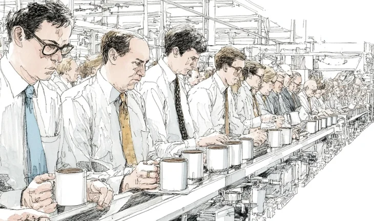 a row of men with coffee 