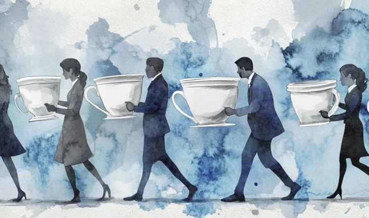 some bankers holding large white mugs of coffee against a blue watercolor background 