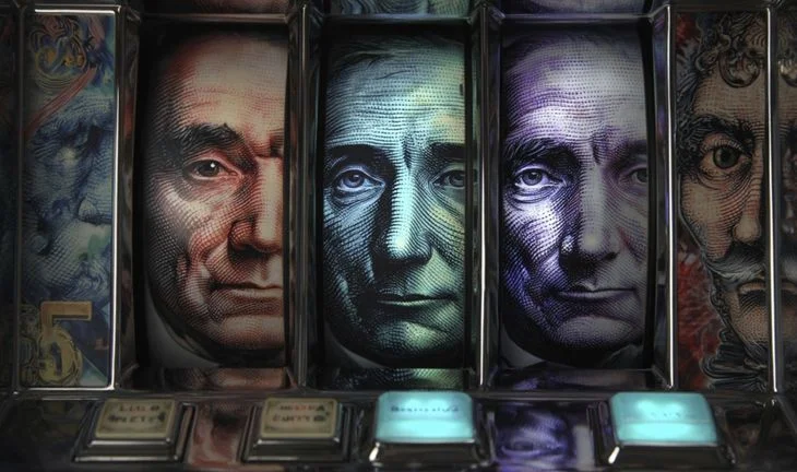 a fruit machine with men's faces