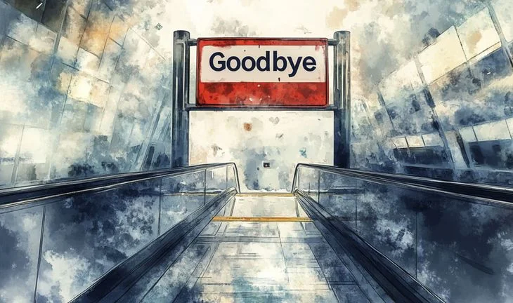 A goodbye sign at the top of escalator in Canary Wharf