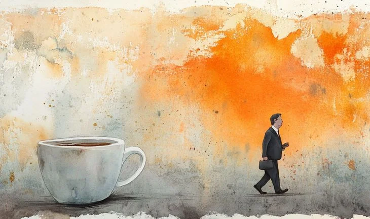 a small man walking away from a giant cup of coffee